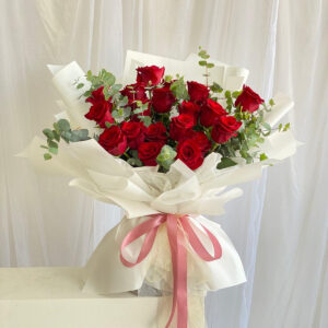 Blushing Romance – 20 Red Roses with Eucalyptus